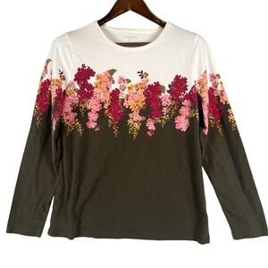 Talbots Womens L Floral Hydrangea Top Cream Brown Long Sleeve Crew Neck Knit